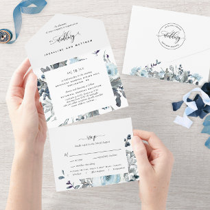  Elegant Blue Floral Wedding with Perforated RSVP  All In One Invitation
