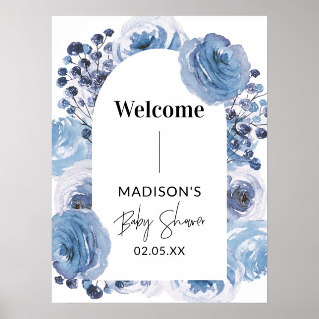 Elegant Blue Floral Welcome Baby Shower Sign (Front)