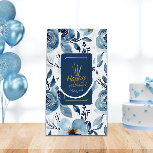 Elegant Blue Floral White Happy Birthday Name  Small Gift Bag (Creator Uploaded)