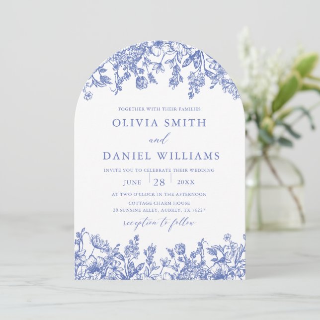 Elegant Blue Floral Wildflower Arch Wedding Invitation (Standing Front)