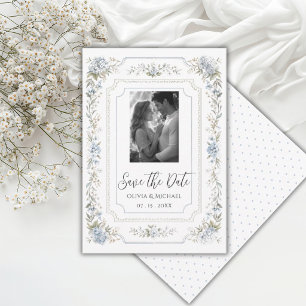 Elegant Blue Floral Wildflowers Frame Photo Save The Date