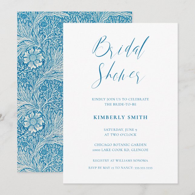 Elegant Blue Floral William Morris Bridal Shower Invitation (Front/Back)