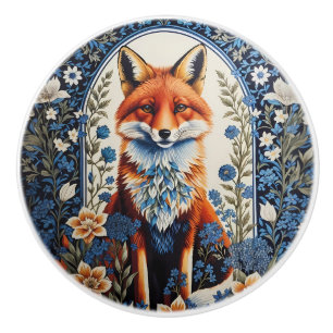 Elegant Blue Floral William Morris Inspired Fox Ceramic Knob