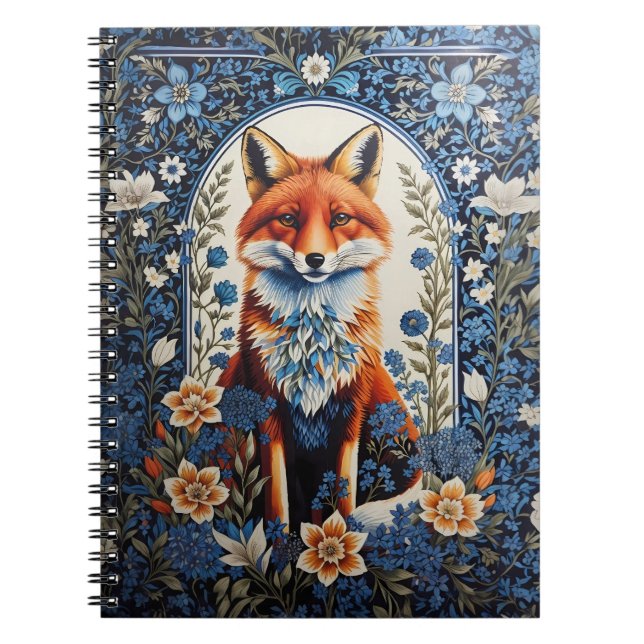 Elegant Blue Floral William Morris Inspired Fox Notebook (Front)