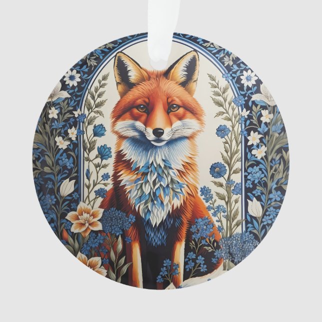 Elegant Blue Floral William Morris Inspired Fox Ornament (Front)