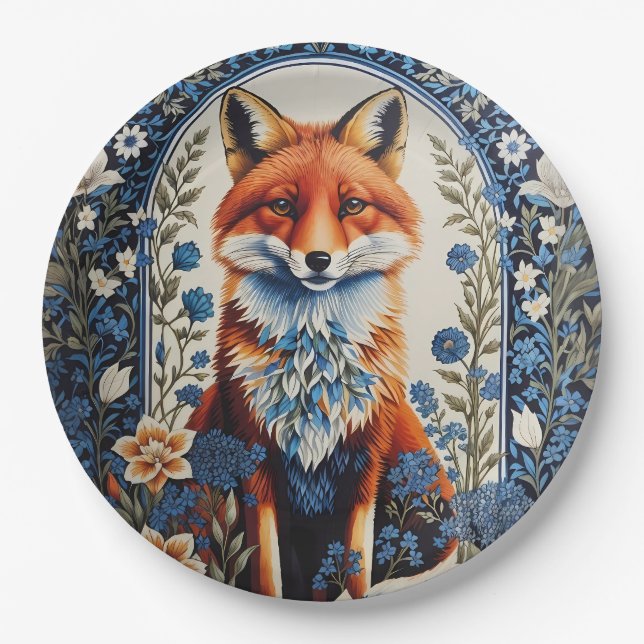 Elegant Blue Floral William Morris Inspired Fox Paper Plate (Front)