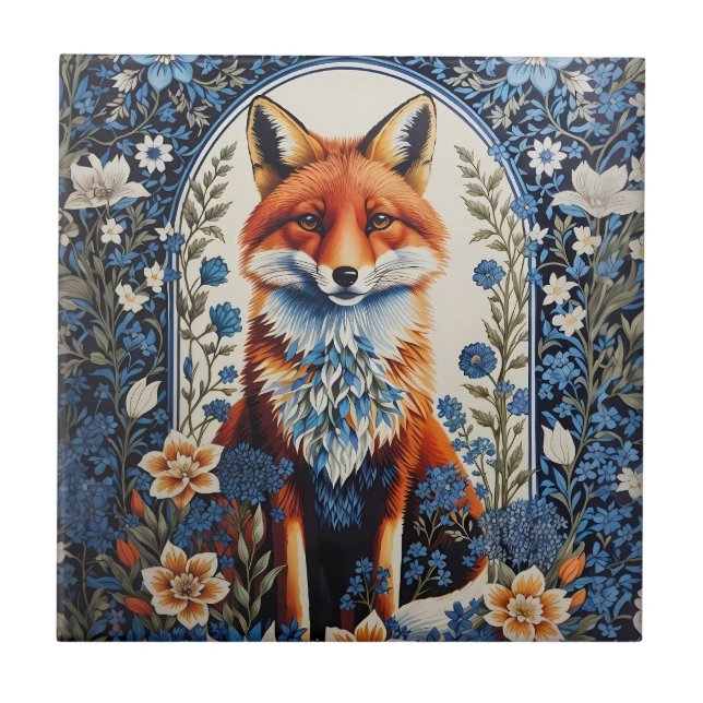 Elegant Blue Floral William Morris Inspired Fox Tile (Front)