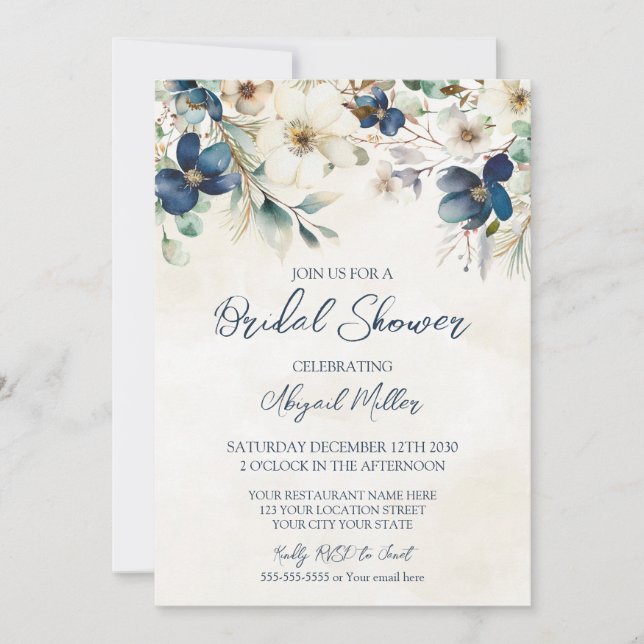 Elegant Blue Floral Winter Bridal Shower Invitation (Front)