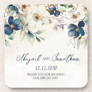 Elegant Blue Floral Winter Wedding Coaster
