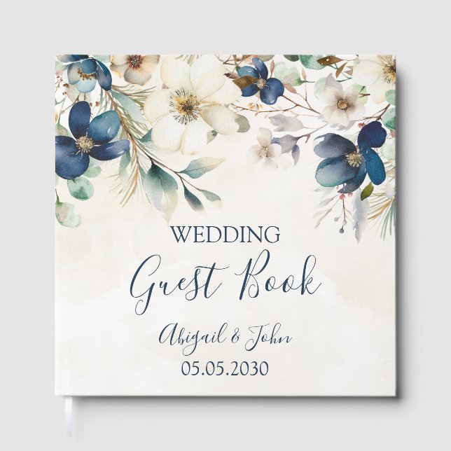Elegant Blue Floral Winter Wedding Guest Book (Front)