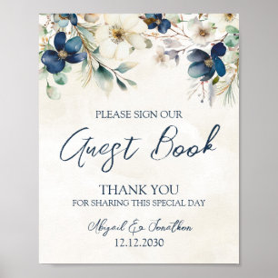 Elegant Blue Floral Winter Wedding Guest Book Sign