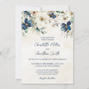 Elegant Blue Floral Winter Wedding Invitations