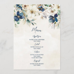 Elegant Blue Floral Winter Wedding Menu