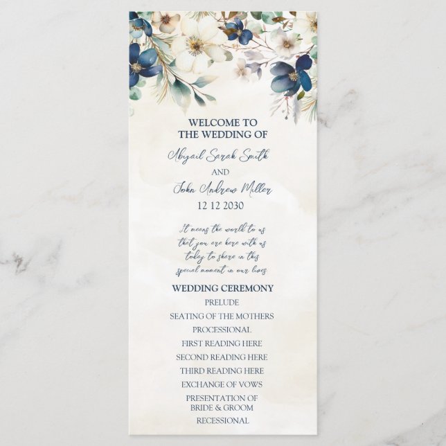 Elegant Blue Floral Winter Wedding Program Programme (Front)