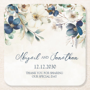 Elegant Blue Floral Winter Wedding Square Paper Coaster
