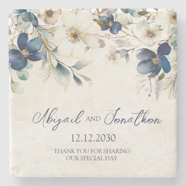 Elegant Blue Floral Winter Wedding Stone Coaster (Front)