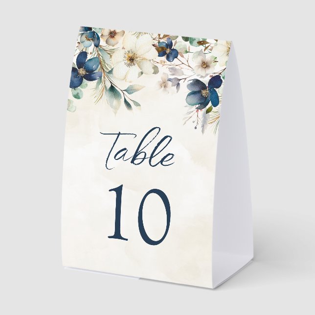 Elegant Blue Floral Winter Wedding Table Number (Front)
