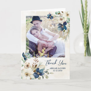Elegant Blue Floral Winter Wedding Thank You Photo Card