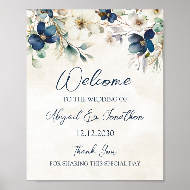 Elegant Blue Floral Winter Wedding Welcome Poster (Front)