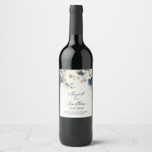 Elegant Blue Floral Winter Wedding Wine Label
