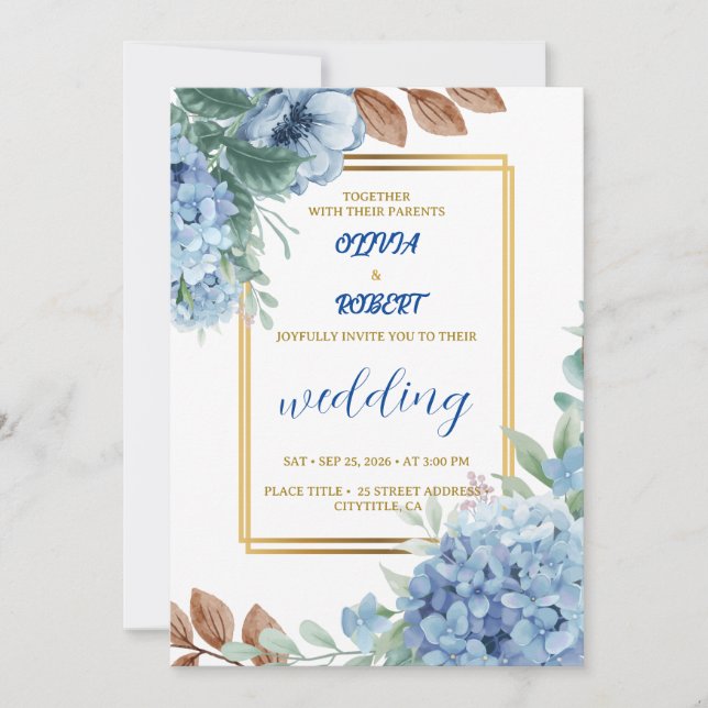 Elegant blue floral with gold frame invitation (Front)