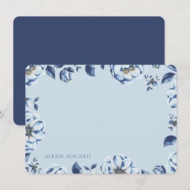 Elegant Blue Floral Womens Personalised Stationary Card (Front/Back)