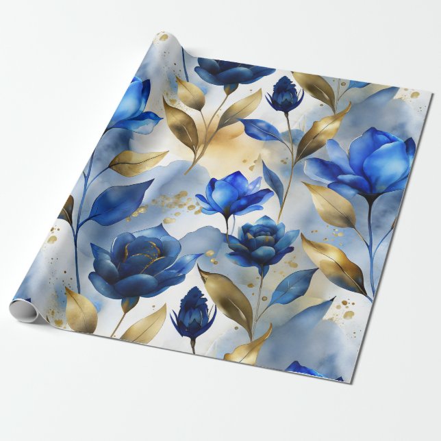 Elegant Blue Floral Wrapping Paper (Unrolled)