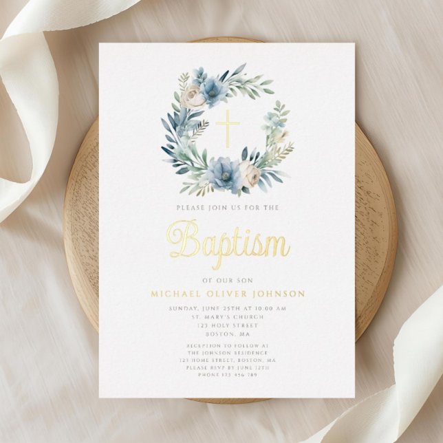 Elegant Blue Floral Wreath Boy Baptism Gold (Elegant Blue Floral Wreath Boy Baptism Gold Foil Invitation)