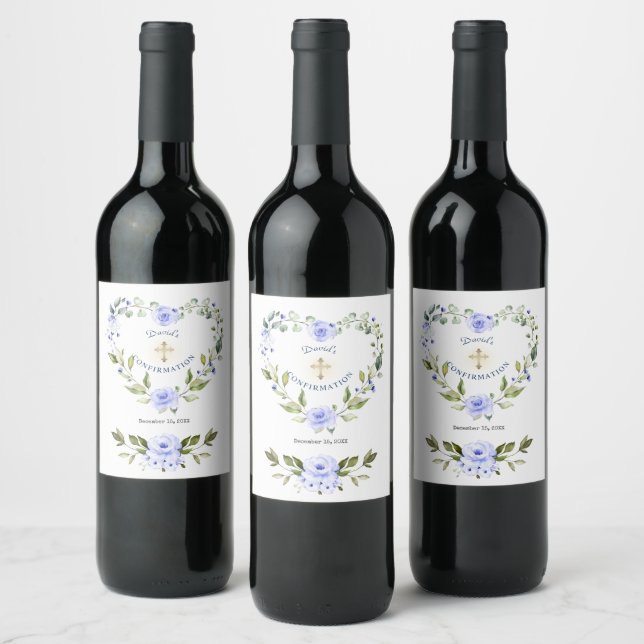 Elegant Blue Floral Wreath Boy Confirmation Wine Label (Bottles)
