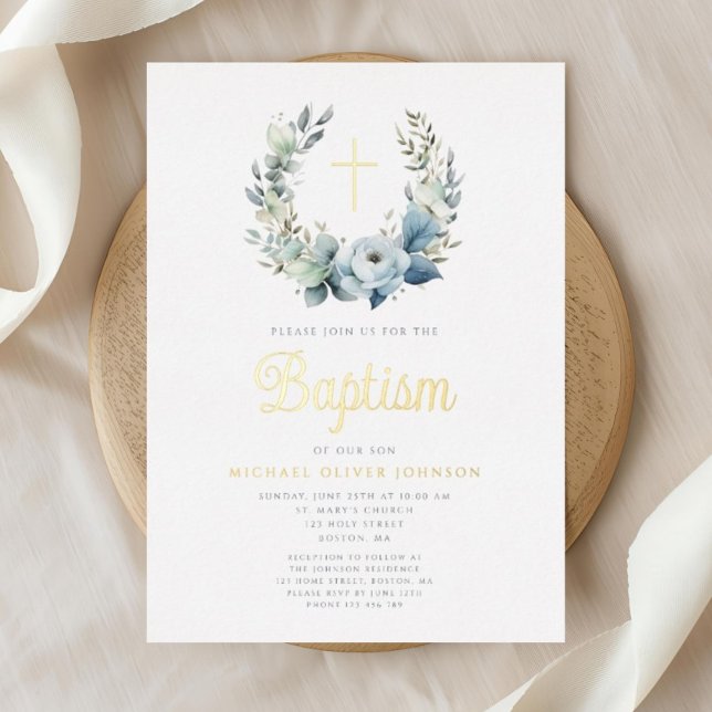 Elegant Blue Floral Wreath Cross Boy Baptism Gold (Elegant Blue Floral Wreath Cross Boy Baptism Gold Foil Invitation)