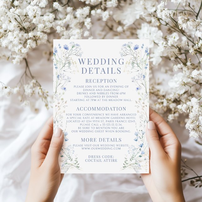 Elegant Blue Floral Wreath Wedding Details Card (Creator Uploaded)