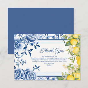 Elegant Blue Floral & Yellow Lemon Bridal Shower Thank You Card