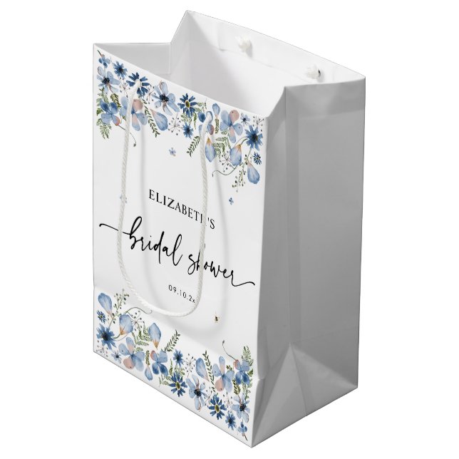 Elegant Blue Florals Bridal Shower Medium Gift Bag (Front Angled)