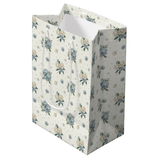 Elegant Blue Florals Medium Gift Bag (Front Angled)
