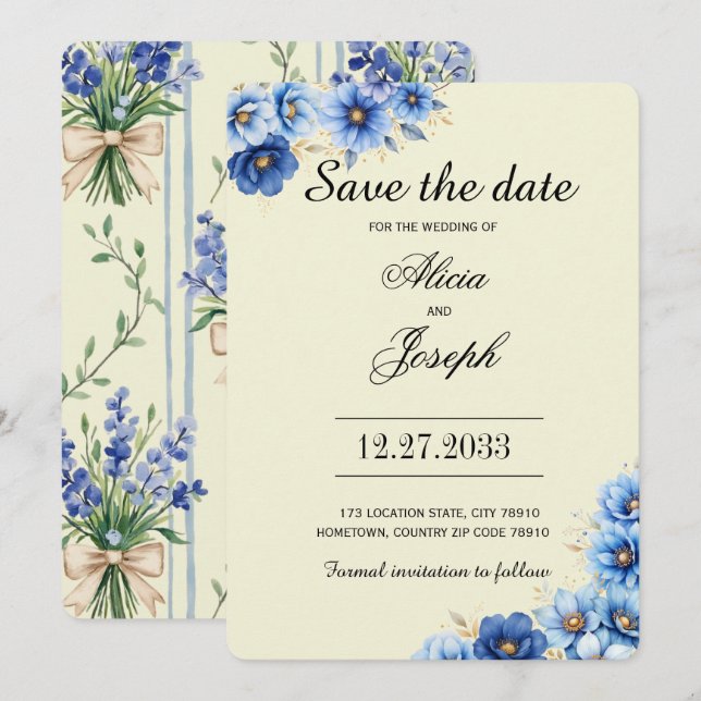 Elegant Blue Florals Save the Date (Front/Back)
