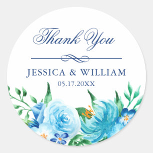 Elegant Blue Florals Wedding Thank You Classic Round Sticker