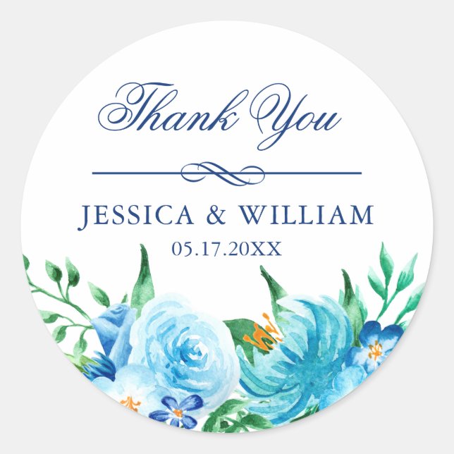 Elegant Blue Florals Wedding Thank You Classic Round Sticker (Front)