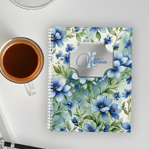 Elegant Blue Florals with Silver Monogram Frame Planner