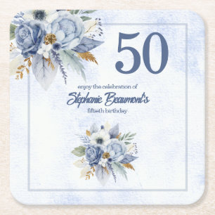 Elegant Blue Florals Women's 50th Birthday Party Square Paper Coaster