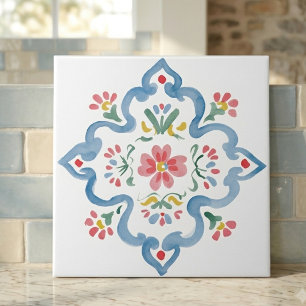 Elegant Blue Flourish Folk Floral Decorative Tile