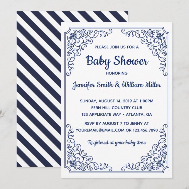 Elegant Blue flourish swirl frame Baby Shower Invitation (Front/Back)