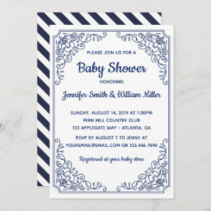 Elegant Blue flourish swirl frame Baby Shower Invitation