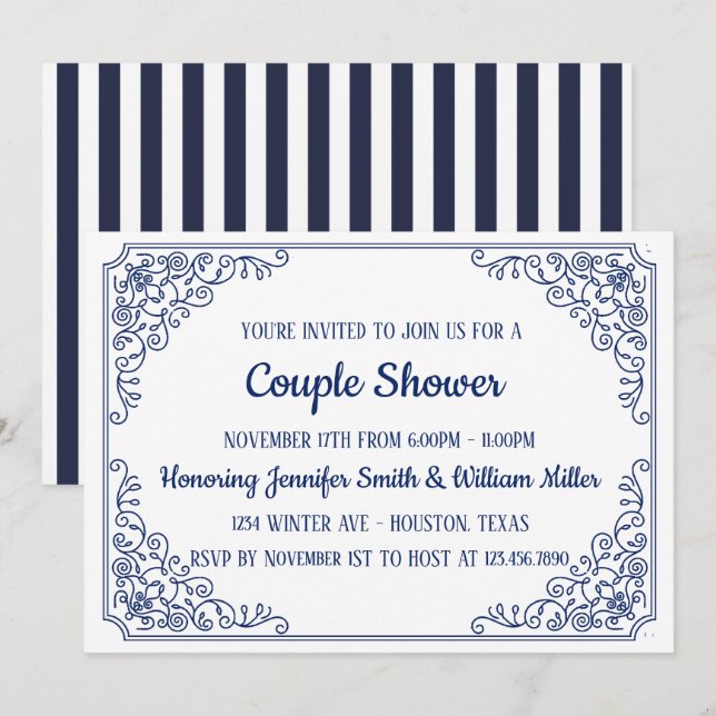 Elegant Blue flourish swirl frame Couple Shower Invitation (Front/Back)
