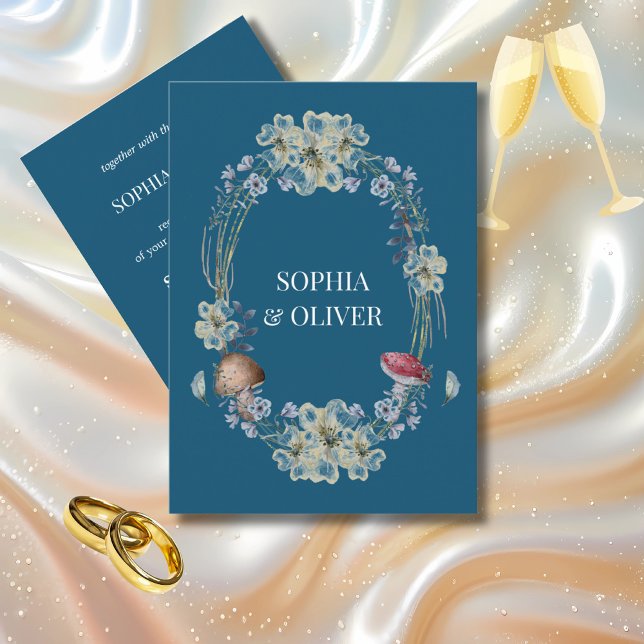 Elegant Blue Flower and Mushroom Wreath Wedding  Invitation (Creator Uploaded)