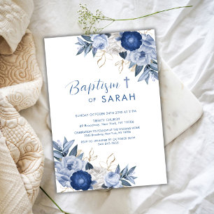 Elegant Blue Flower Baptism Christening Cross Invitation