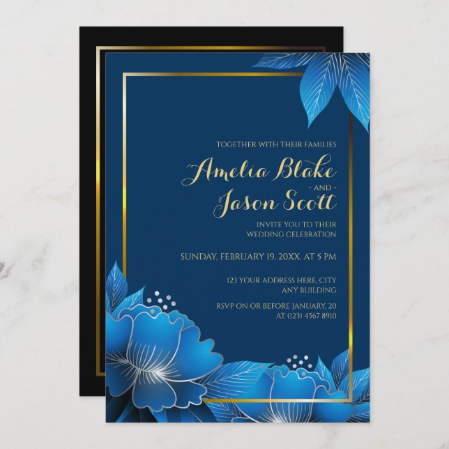 Elegant Blue Flower | Blue Wedding Invitation (Front/Back)