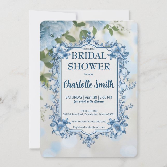 Elegant Blue  Flower chinoiserie bridal shower Invitation (Front)