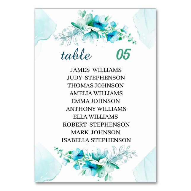 Elegant Blue Flower Custom Wedding Table Number (Front)