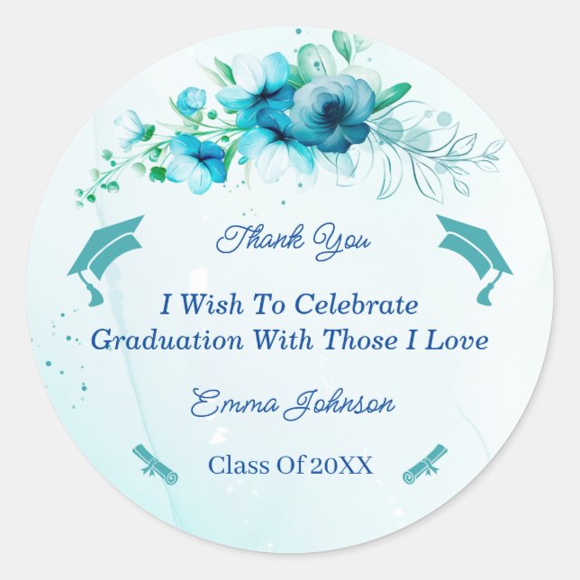 Elegant Blue Flower Graduation Customised  Classic Round Sticker (Front)