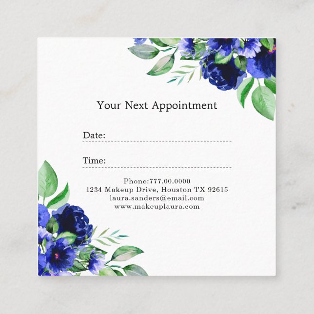 Elegant Blue Flower Hair & Makeup Business Appointment Card (Back)